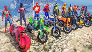 ALL SPIDERMAN Suits Motorcycles Mountain Speed Jump Challenge Competition 124 [upl. by Nnire214]